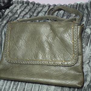 Women's Olive Green Braided Trim Shoulder Bag with Brass Studs